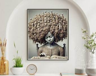 Afrocentric Wall Art – Black Girl with Historical Hair Sculpture, Surreal Heritage Portrait, Cultural Digital Art Print