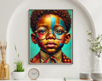 Arte murale afrocentrica per bambini: stampa colorata di un bambino nero