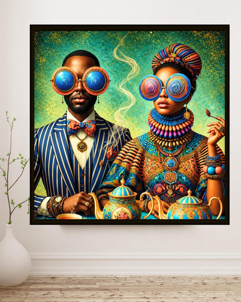 Black Couple Wall Art – Tea Time Harmony, Printable image 7