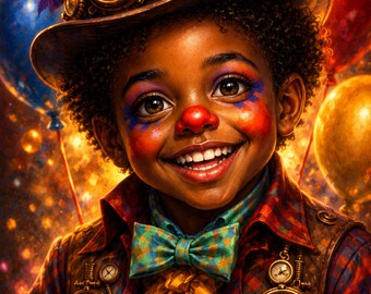 Black Boys Wall Art, Steampunk Clown Portrait, Printable