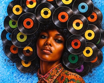 Arte mural afroamericano: Impresión afro de vinilo de mujer negra, decoración de música soul retro, póster afrocéntrico, imprimible