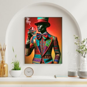 Art mural tendance tendance : homme noir élégant en costume patchwork, impression portrait de luxe audacieux