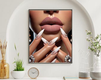 Statement Beauty Wall Art – Nude Gloss Lips & Crystal Stiletto Nails, Luxury Glam Fashion Print