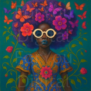 Afrocentric Wall Print – Black Woman Butterfly Hair Portrait, Surreal Floral Queen Art, Digital Download Decor