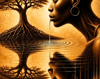 May include: A golden-toned artistic illustration featuring a profile view of a person with closed eyes, wearing a hoop earring, with a thin stream of liquid falling from their lips into a body of water that reflects a large, sprawling tree.