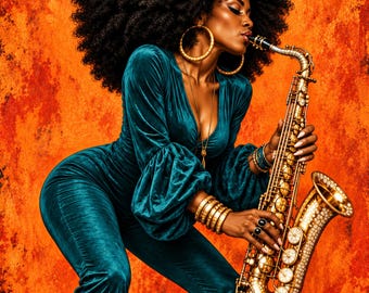 Lámina decorativa de jazz con temática de mujer negra – Música de saxofón para imprimir