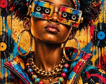 Lámina decorativa para pared de chica adolescente negra – Música hip hop retro para imprimir