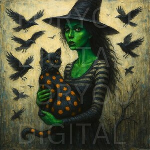 ハロウィン魔女ウォールアート - 緑の魔女と黒猫、ゴシックファンタジーデジタルプリント、不気味な10月の装飾