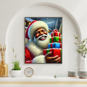 Black Santa Wall Art – Festive Santa with Gifts, Inclusive Holiday Portrait Digital Download