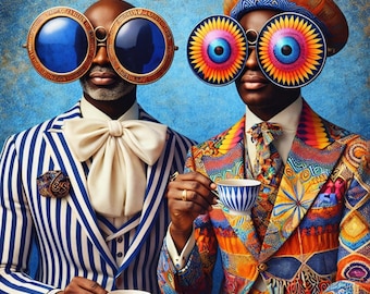 Arte mural de hombres negros: retrato de caballeros de una fiesta de té afro, lámina afrocéntrica elegante para imprimir.