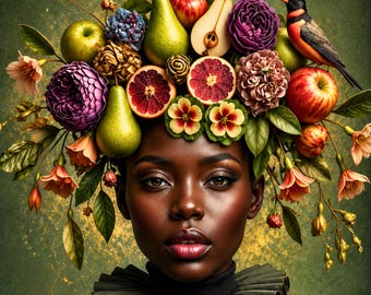 Afrocentric Wall Art – Black Woman Botanical Portrait Print, African Inspired Home Decor