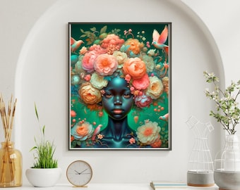 Afrocentric Floral Portrait Art Print – Black Woman Botanical Wall Art