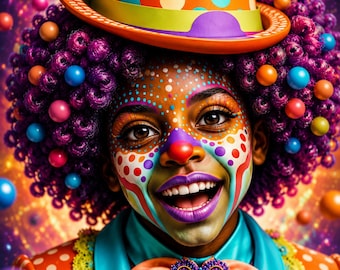 May include: A clown wearing a bright orange hat with teal polka dots and a purple band, featuring vibrant purple curly hair, colorful face paint with dots and swirls, a teal collared shirt, and a large peach-colored bow with a heart-shaped brooch.