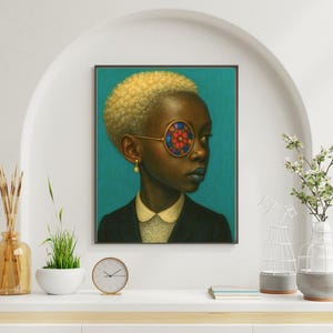 Afro Girl Wall Art – Bold Black Girl Portrait with Stained Glass Monocle, Whimsical Afrocentric Digital Print, Modern Statement Decor
