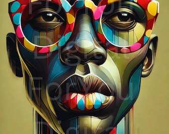 Afrocentric Abstract Wall Art – Bold Colorful Portrait with Geometric Glasses, Digital Download Printable Decor