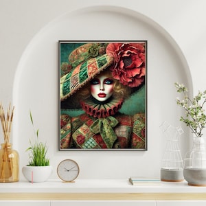 Arte mural floral victoriano: Retrato digital de mujer con vestido y sombrero de patchwork. Imprimible de moda vintage para galería o sala de estar.