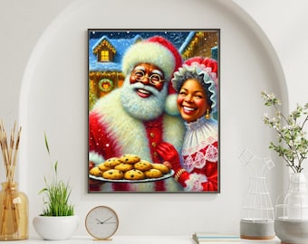 Christmas Wall Art – Santa & Mrs. Claus with Cookies, Joyful Holiday Couple Portrait, Digital Download