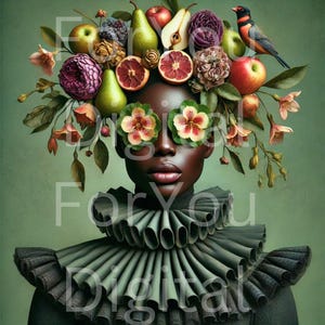 Black Woman Wall Art – Floral Fruit Crown Portrait, Afro Botanical Digital Print Download