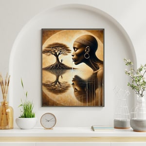 African Reflection Wall Art – Afrocentric Digital Print of Woman, Tree & Water Symbolism, Cultural Sepia Toned Home Decor