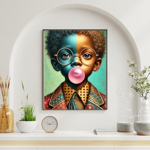 Black Boy Wall Art Print – Afro Pop Art Portrait with Bubblegum, Afrocentric Kids Room Digital Download