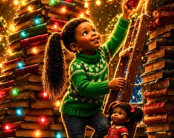 Black Girl Christmas Wall Art, Book Tree Decor, Holiday Printable