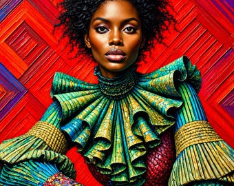 May include: A person with dark curly hair wearing a high-collared garment featuring intricate green and blue pleated ruffles, gold-toned bands on the sleeves, and a textured red bodice against a vibrant red and orange geometric background.