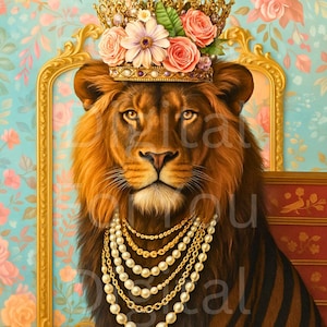 Lion Wall Art – Majestic Crowned Lion with Pearls and Florals, Regal Animal Portrait Printable for Bold Interior Decor