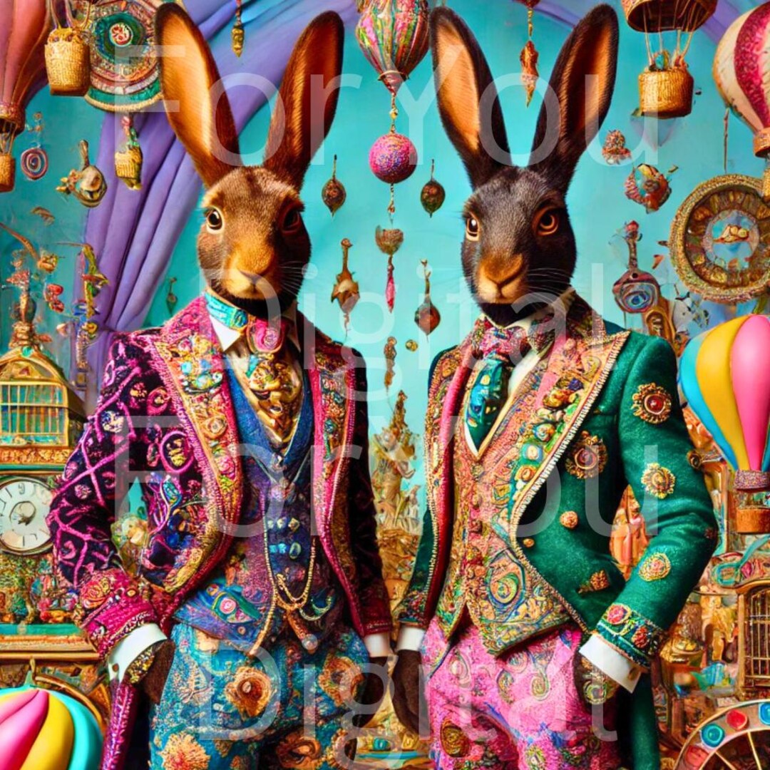 Whimsical Rabbit Couple Wall Art – Fantasy Hare Print for Wonderland ...