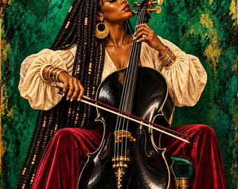 Lámina decorativa de mujer negra tocando el violonchelo – Música afroamericana para imprimir