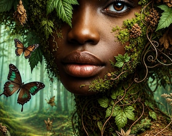 May include: A digital portrait of a person with dark skin, adorned with green moss, leaves, and vines covering the hair and neck area. Two butterflies are visible, one orange and black, and one dark brown with teal accents, set against a forest.