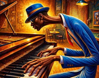 Arte mural de jazz negro: Pianista afroamericano (imprimible)