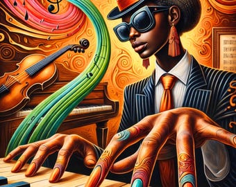 Jazz Piano Wall Art – Afrocentric Musician Portrait Print, Modern Music Decor