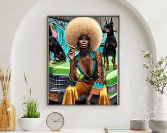 Afro Glam Wandbild - 70er Jahre Vintage Schwarze Frauen Print, Retro Cadillac Diva mit Hunden, Bold Soul Style Decor