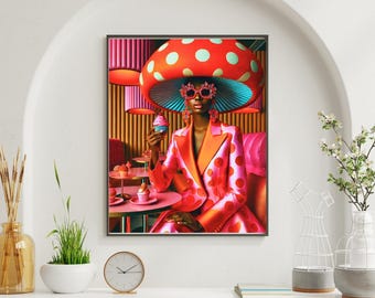 Black Woman Fashion Wall Art – Editorial Surreal Cafe Portrait with Cupcake
