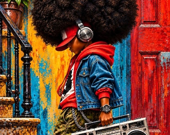 Decoración de pared con música para niños negros: imprimible de hip hop con radiocasete retro.