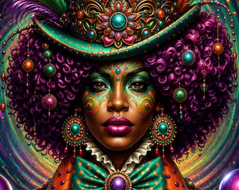 Black Woman Wall Art, Carnival Clown Portrait, Printable