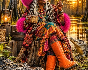 Cuadro decorativo de mujer negra con caimán – Impresión colorida de pantano