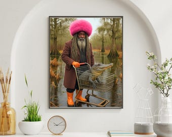Afro Pop Wall Art – Uomo nero surreale con stampa di coccodrillo