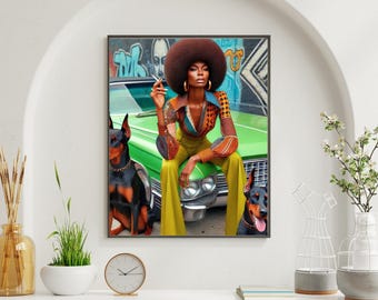 Retro Black Woman Art – Afro Diva with Dobermans, 70s Vintage Car Fashion Print, Afrocentric Digital Wall Art Download