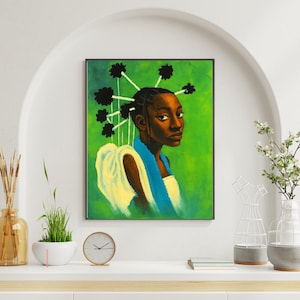Afro Girl Wandkunst - Abstraktes schwarzes Mädchen mit Afro Puffs, Bold Minimalist Portrait, digitaler Download druckbar für Wohnzimmer Dekor