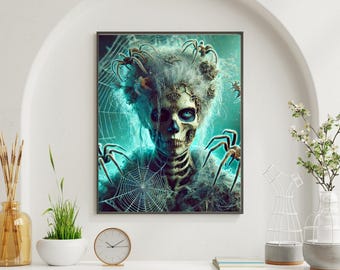 Gothic Skull Queen Wall Art – Haunted Spider Hair Woman, Halloween Skeleton Digital Print, Spooky Dark Fantasy Decor