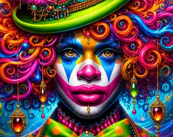 May include: A clown portrait featuring vibrant pink, orange, and blue curly hair, a green hat with colorful beads and a pink feather, and a green polka-dot bowtie. The face has white, blue, and pink makeup, with dangling jeweled gold earrings.