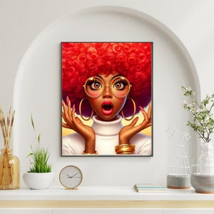 Afro Woman Wall Art – Red Afro Surreal Portrait, Bold Black Girl Digital Print, Colorful Afrocentric Home Decor