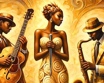 African American Jazz Print – Vintage Singer Saxophone Guitar Poster, Afrocentric Music Download