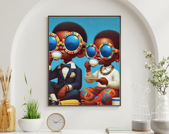Afrocentric Kids Wall Art – Black Boy and Girl Tea Party Portrait, Whimsical Digital Download