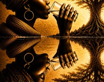 May include: A person with dark skin wearing a textured headwrap and large gold hoop earrings drinks from a clear glass. The scene is rendered in golden tones with a large tree in the background, creating a symmetrical reflection in the water below.