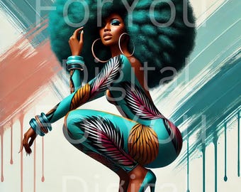 Afrocentric 70s Disco Vibes Art Print – Retro Digital Download, Funky Black Woman Illustration, Vintage Wall Decor