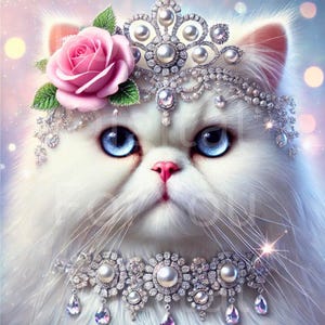 White Cat Wall Art – Glamorous Jeweled Princess Kitty Printable for Pet Lovers and Whimsical Decor