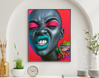 Afro Pop Surreal Queen Wall Art – Bold Black Woman Portrait with Frog, Statement Decor