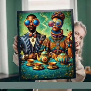 Black Couple Wall Art – Tea Time Harmony, Printable image 5